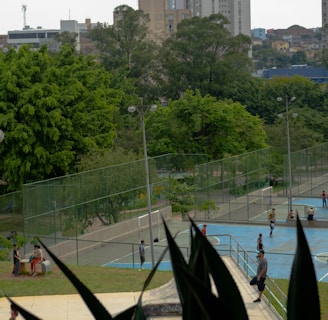 An outdoor recreational area in an urban setting featuring several sports courts and surrounded by lush green trees. People are engaged in various activities, including playing sports on the courts. In the background, there are tall buildings indicative of a cityscape.